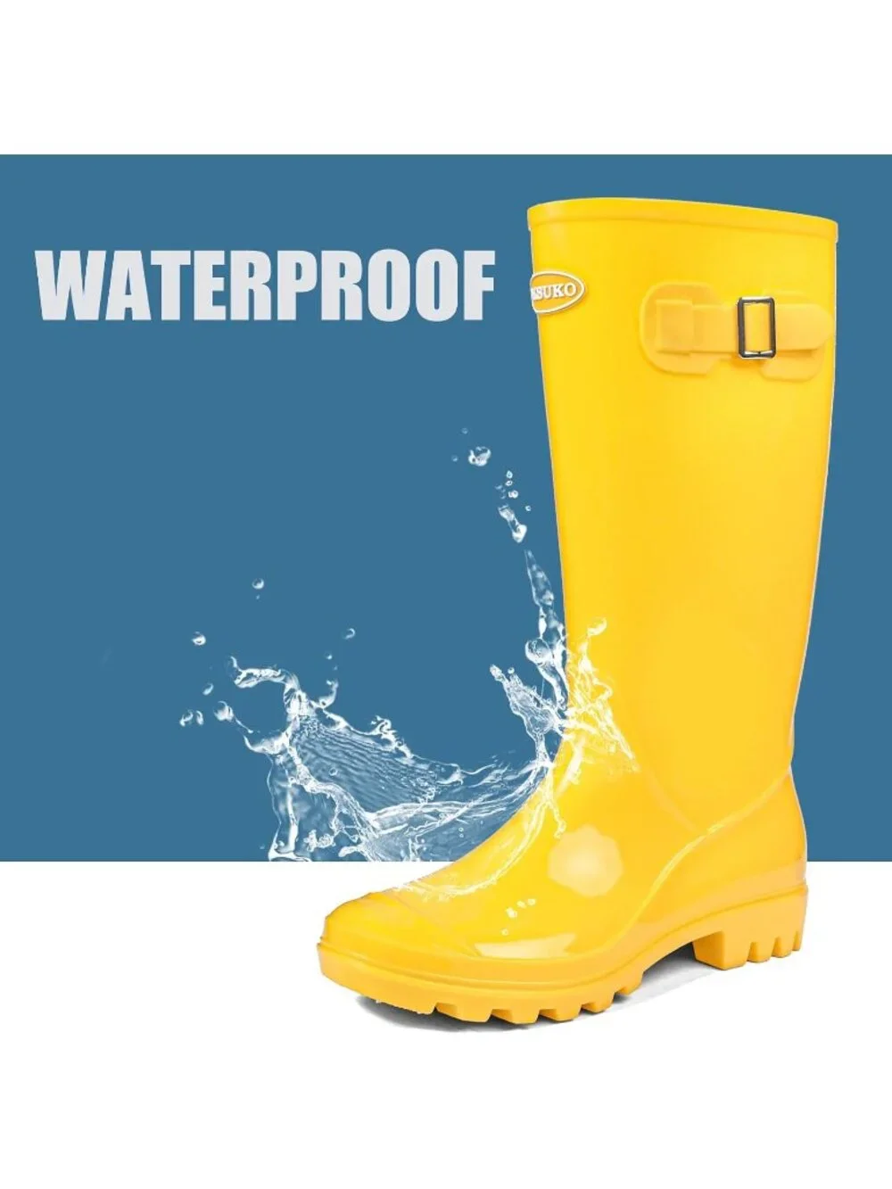 Women's Bright Yellow Tall Waterproof Rain Boots Rubber Wide Calf Garden Boots